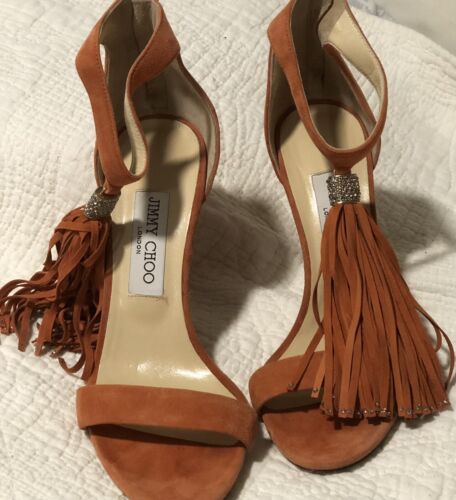 Jimmy Choo Orange Suede Sandals With Tassels Size 37.5 - Picture 4 of 10