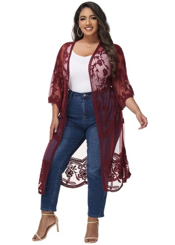 Plus Size Open Front Lace Floral Crochet Cover Up Long Kimono Cardigan - Picture 19 of 28