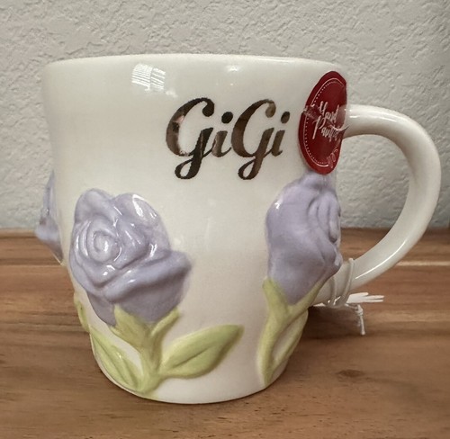 Gigi Coffee Mug Tea Cup Embossed Purple Flowers Mom Grandma NEW 2024 Handpainted - Picture 2 of 3