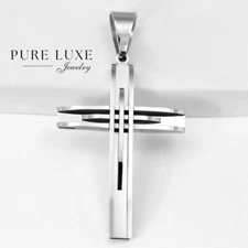 Men's Silver Stainless Steel 76mm Cross Large Solid Pendant High Polish + Box