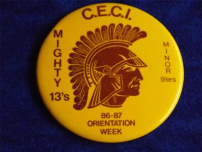 C.E.C.I. KNIGHTS HIGH SCHOOL SPORTS TEAMS 1986 ORIENTATION VINTAGE BUTTON PIN