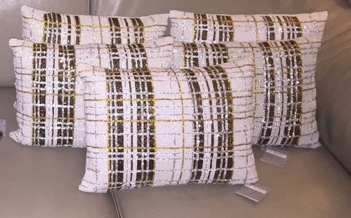 NWT Kim Seybert Neiman Marcus White Gold Plaid Beaded Luxury Throw Pillows 12x16 - Picture 7 of 11