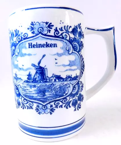 DELFT BLUE HOLLAND HEINEKEN Hand Painted Windmill 16 oz 5" Tall Beer Stein Mug
