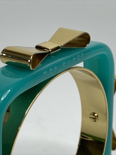 TED BAKER Logo Acrylic Bow Bangle Bracelet Seafoam Green Gold Tone London Vntg - Picture 3 of 10