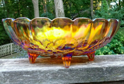Amber Vintage Carnival Glass Large Footed Oval Fruit Bowl Harvest
