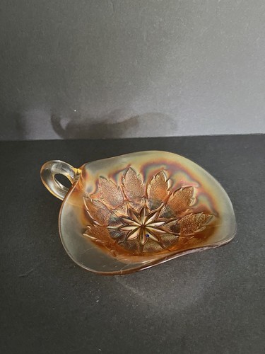 Dugan Nappy Dish Leaf Rays Marigold Opalescent Carnival Glass Spade Shape
