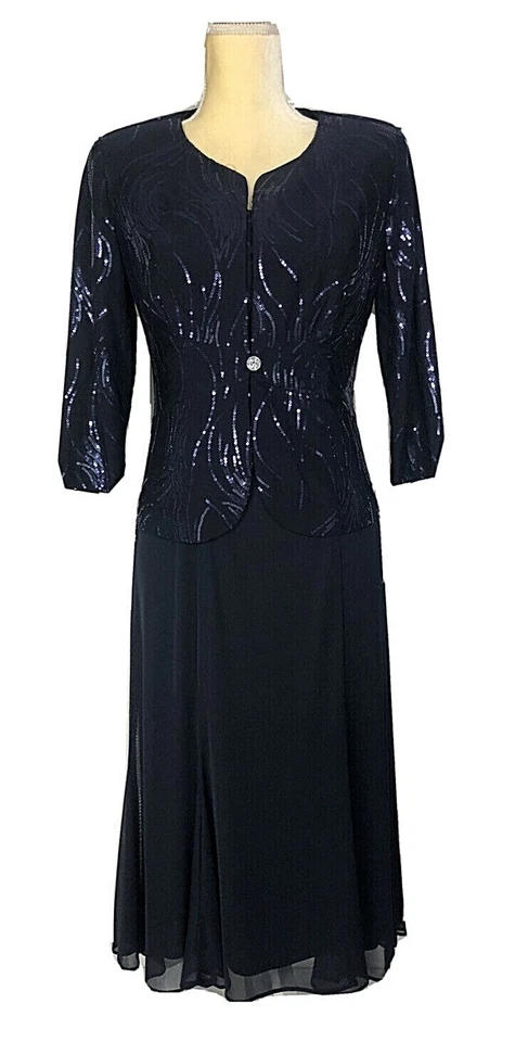 Alex Evenings Suit Dress Gown Blazer 6P Petite Jacket Navy Two Piece Long Sleeve - Image 3 of 4