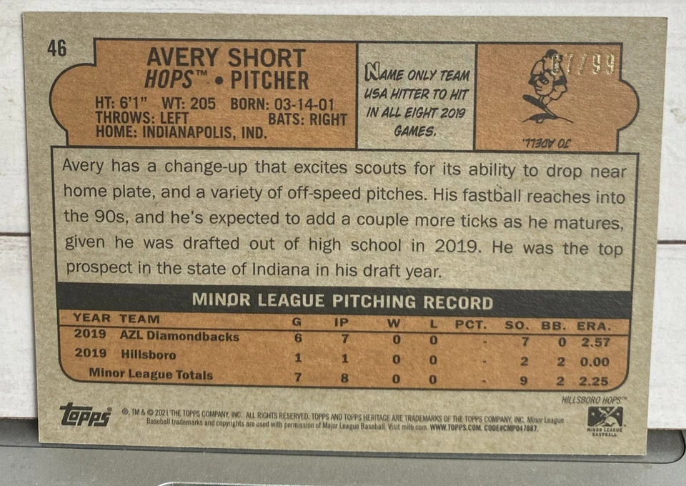 2021 Topps Heritage Minors Blue #46 Avery Short /99 - NM-MT - Image 2 of 2