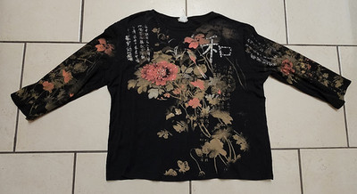 Jess & Jane 3X Cotton Asian Floral All Over Print Rhinestone Accents Black USA