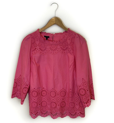 Talbots Womens Blouse Small Pink Eyelet Ruffle Neck 3/4 Sleeve Cotton Preppy NWT