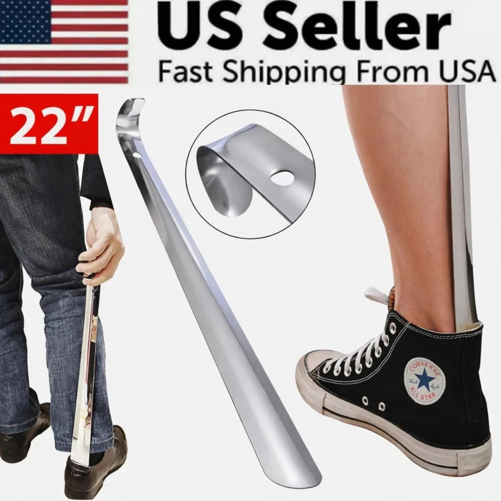 22in Extra Long Handle Shoe Horn Stainless Steel Metal Shoes Remover Shoehorn US