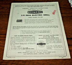 ASSEMBLY, OPERATING INSTRUCTIONS  AND PARTS LIST FOR  COMPANION  1/4 INCH Drill
