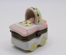 Vintage Porcelain Baby Girl Carriage Floral Hinged Trinket Box Stroller