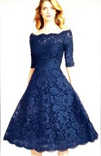 RICKIE FREEMAN TERI JON Navy Blue Fit Flare Tea Length Lace Gown Dress Size 2