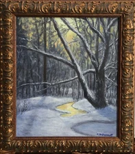 WINTER WOODS NIGHTFALL- 14x12 inch framed oil snowscape painting by K. McDermott