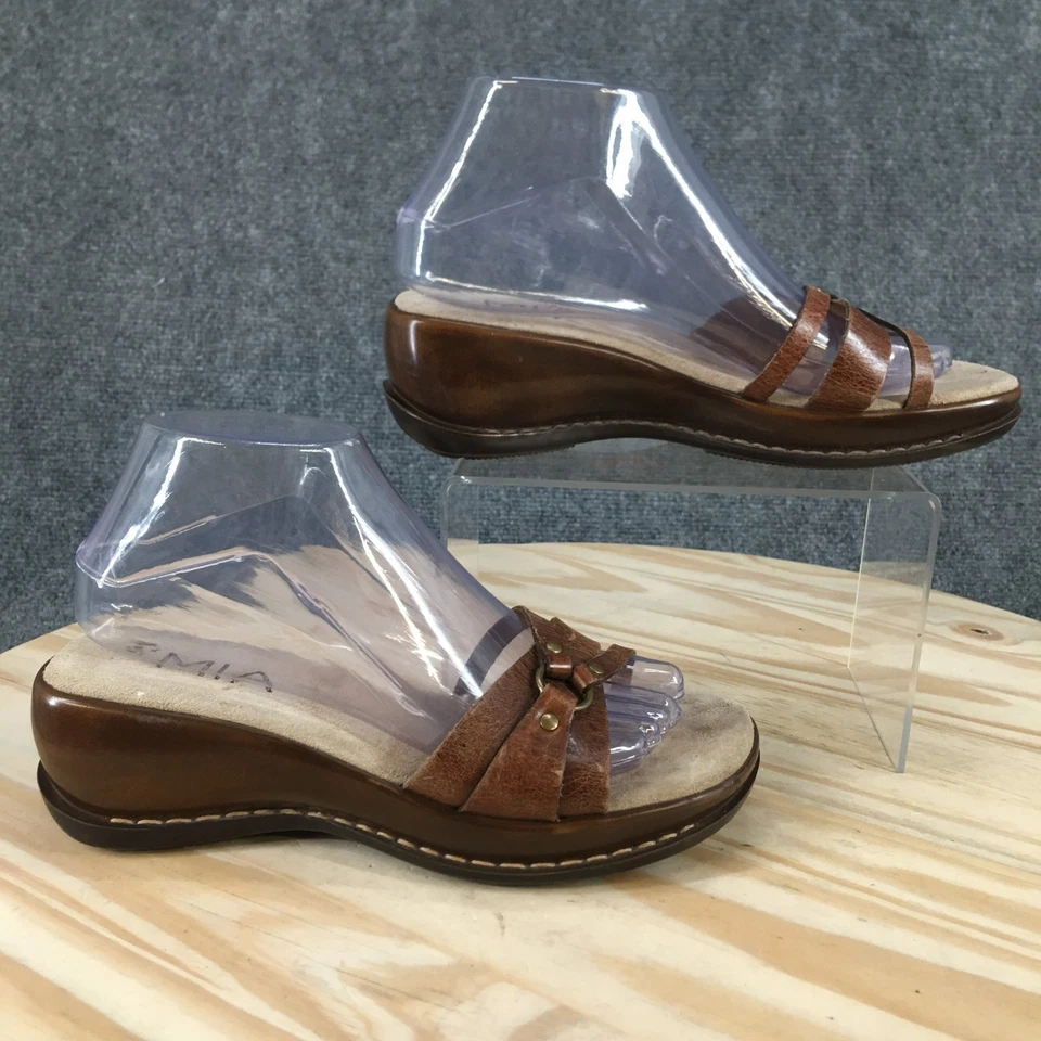 Sandalias MIA para mujer 7,5 M informales sin cordones plataforma cuña deslizable cuero marrón Foto 2 de 4