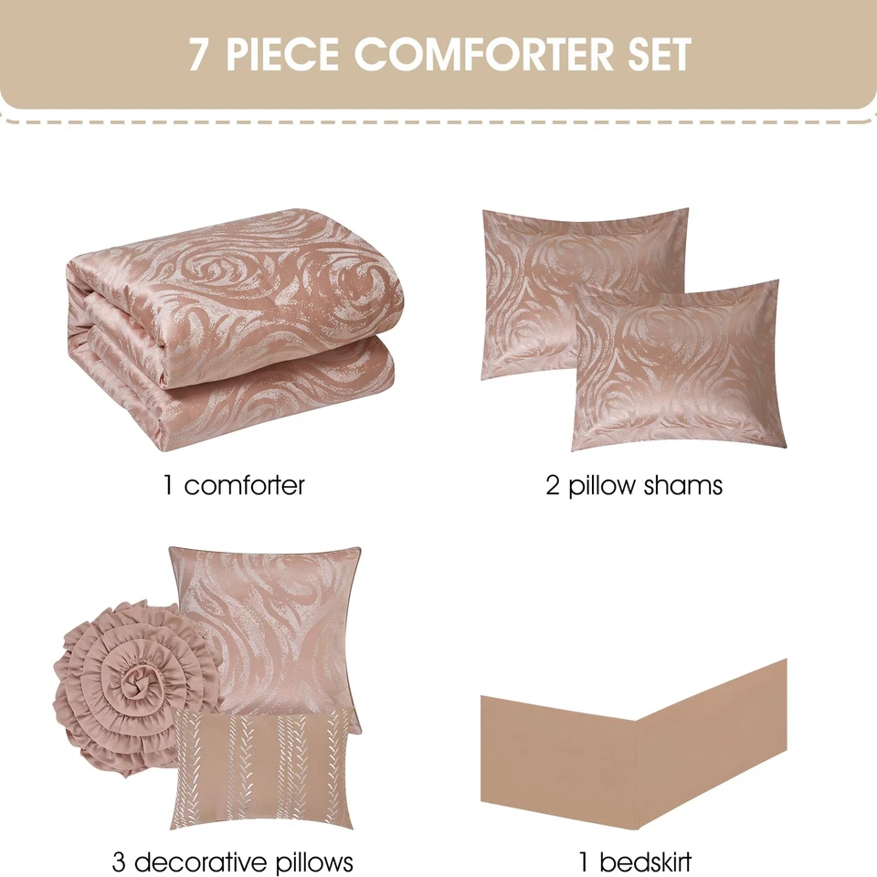 Juego de edredón rubor tamaño queen, juego de cama jacquard de 7 piezas, diseño floral,... Foto 2 de 4