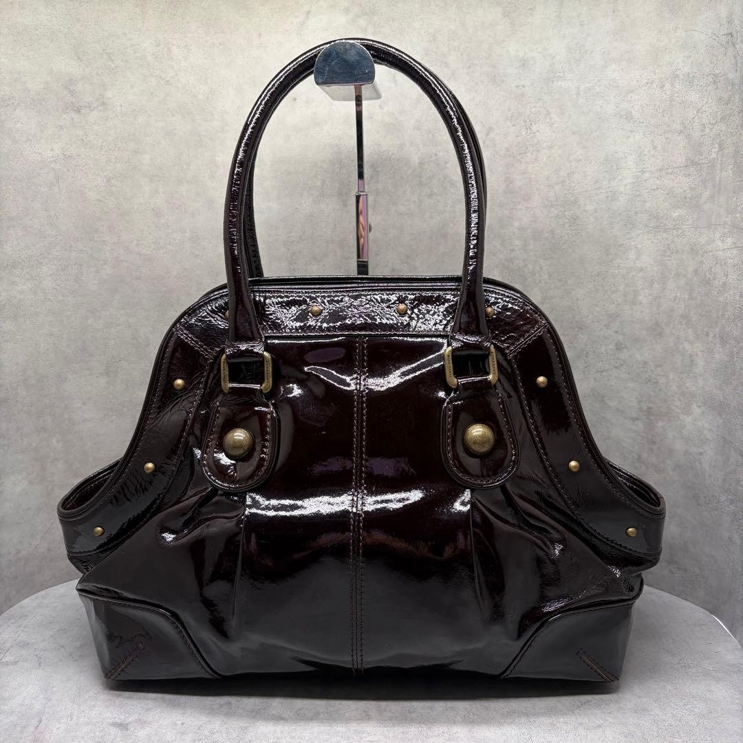 Burberry Blue Label Enamel Leather Handbag Burgundy Dark Brown Bag New thumbnail 3