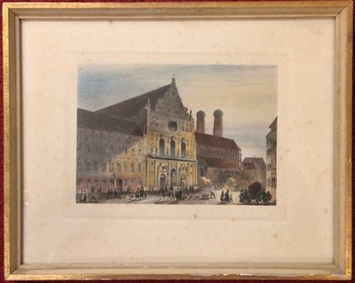 Colorierter Stahlstich  München, Kirche St. Michael  von Johann Poppel, um 1845