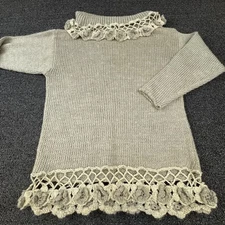 Shenanigans Sweater Womens Large Beige Turtleneck Tunic Crochet Floral Hem Knit
