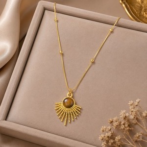 Authentic 18k Real Gold Plated Sunburst Pendant Necklace with Brown Tiger Eye Non tarnish