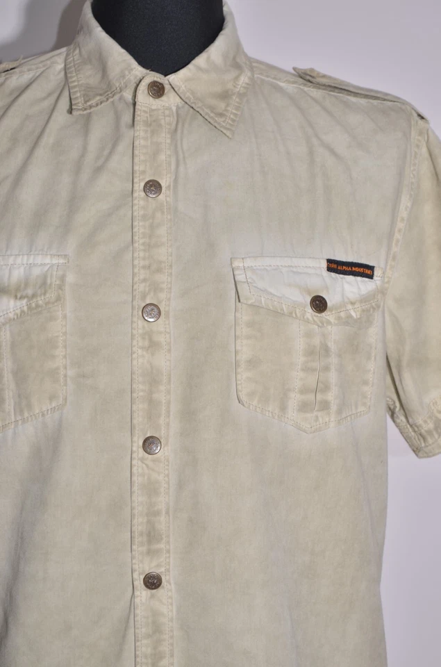 Camisa de algodón a presión con cuello corto Alpha Industries para hombre talla L Foto 3 de 4