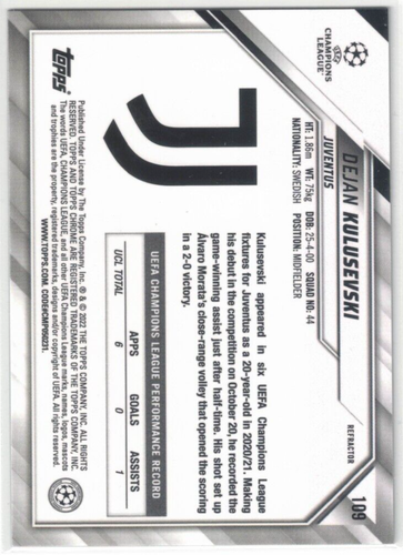 Carte Dejan Kulusevski Topps 2021-22 – Auto Noir 25/49 – Juventus – UCL – Originale