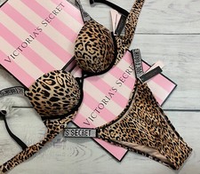 Victoria's Secret Swim Shine Strap Push up 2 cups Top Brazilian Set Leopard