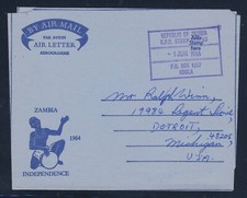 ZAMBIA 1966 First Air Letter after Independence Handstamped NDOLA to U.S.A.