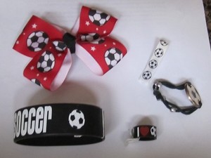 SOCCER HAIR LOT CLIP BOWS BARRETTES  BRACELET RING