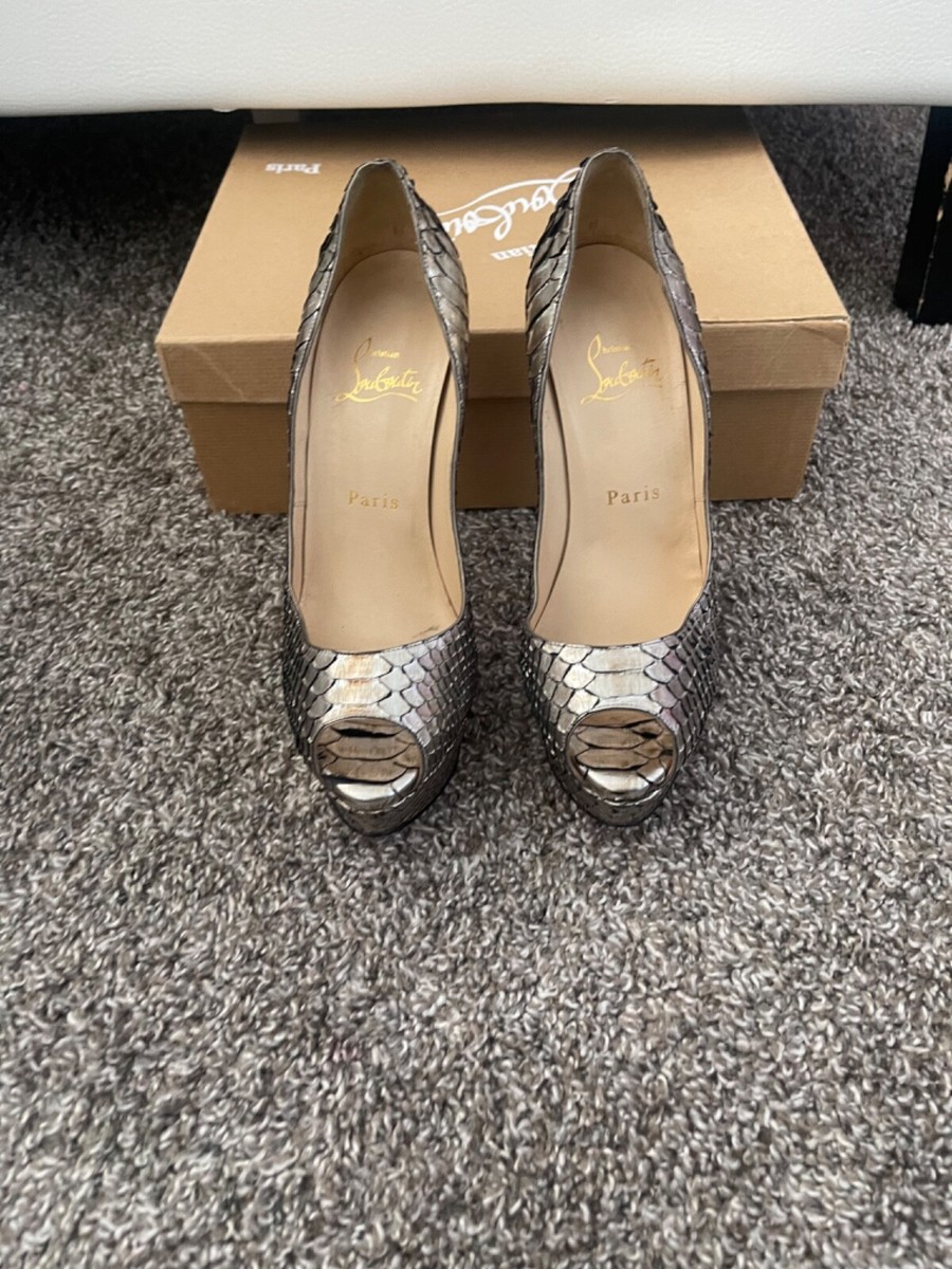 Christian Louboutin silver Python Lady Peep Toe Stiletto Heels 