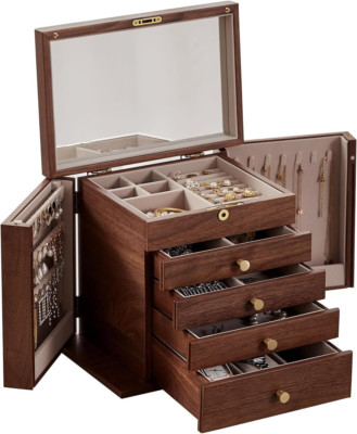 Black Walnut Wooden Jewelry Box for Women Classical Wooden with Two Side Doors 5