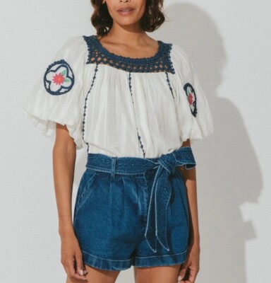 Cleobella Navi Blouse Womens Extra Small Hand Embroidered White Blue New