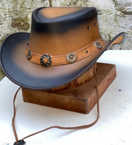 Para Hombre Cuero Real Envejecido Descolorido Marrón Interior Bush Sombrero con Ala Ancha - Imagen 3 de 6