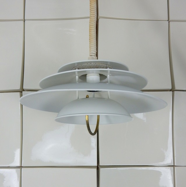 White Enamel Midcentury Retro Vintage Pull Down Rise And Fall Ceiling Light Mcm