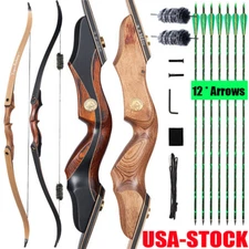 Archery 60'' Takedown Recurve Bow Wooden Long Bow / Arrows for Hunting Target
