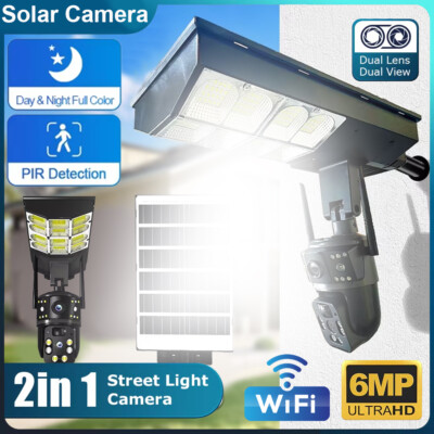 Solar WiFi Street Light Camera 6MP Outdoor Dual Lens Surveillance Cam + 32G Card