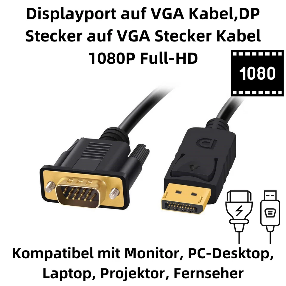 H17 DisplayPort auf VGA Kabel 1.8m Vergoldet 1080P DisplayPort DP Stecker zu VGA - Bild 2 von 4