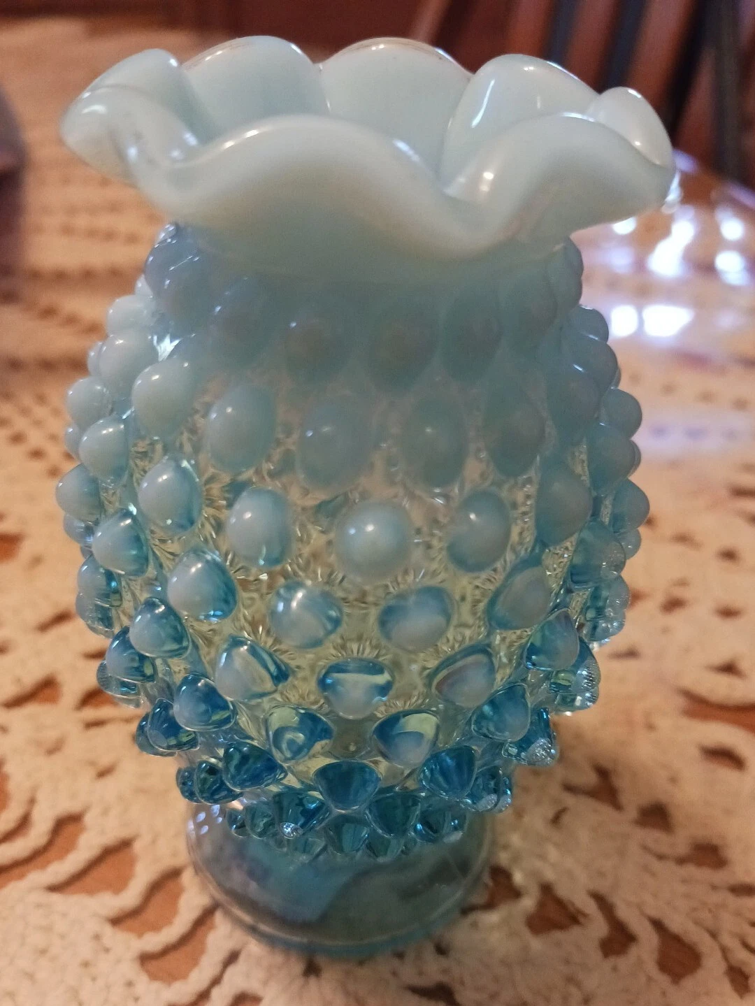 Vintage Fenton Aqua Blue Opaline Opalescent Glass Hobnail Crimp Mini Vase 3 3 4”