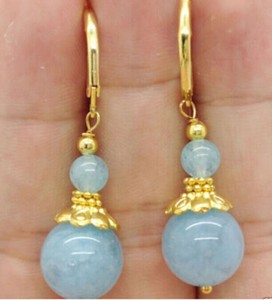 Authentic 6mm & 12mm Blue Aquamarine Round Gemstone Gold Plated Leverback Dangle Earring