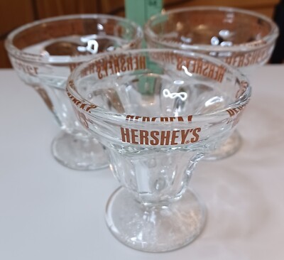 3 Hershey Logo Small  Ice Cream Sundae Thick Clear Glass Heavy Vintage Dish 3''