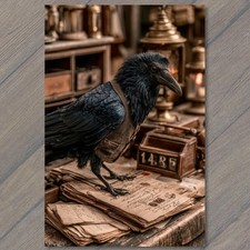 ART CARD Crow Bird Desk Letters Lanterns Creepy Dark Surreal Gothic Mystic