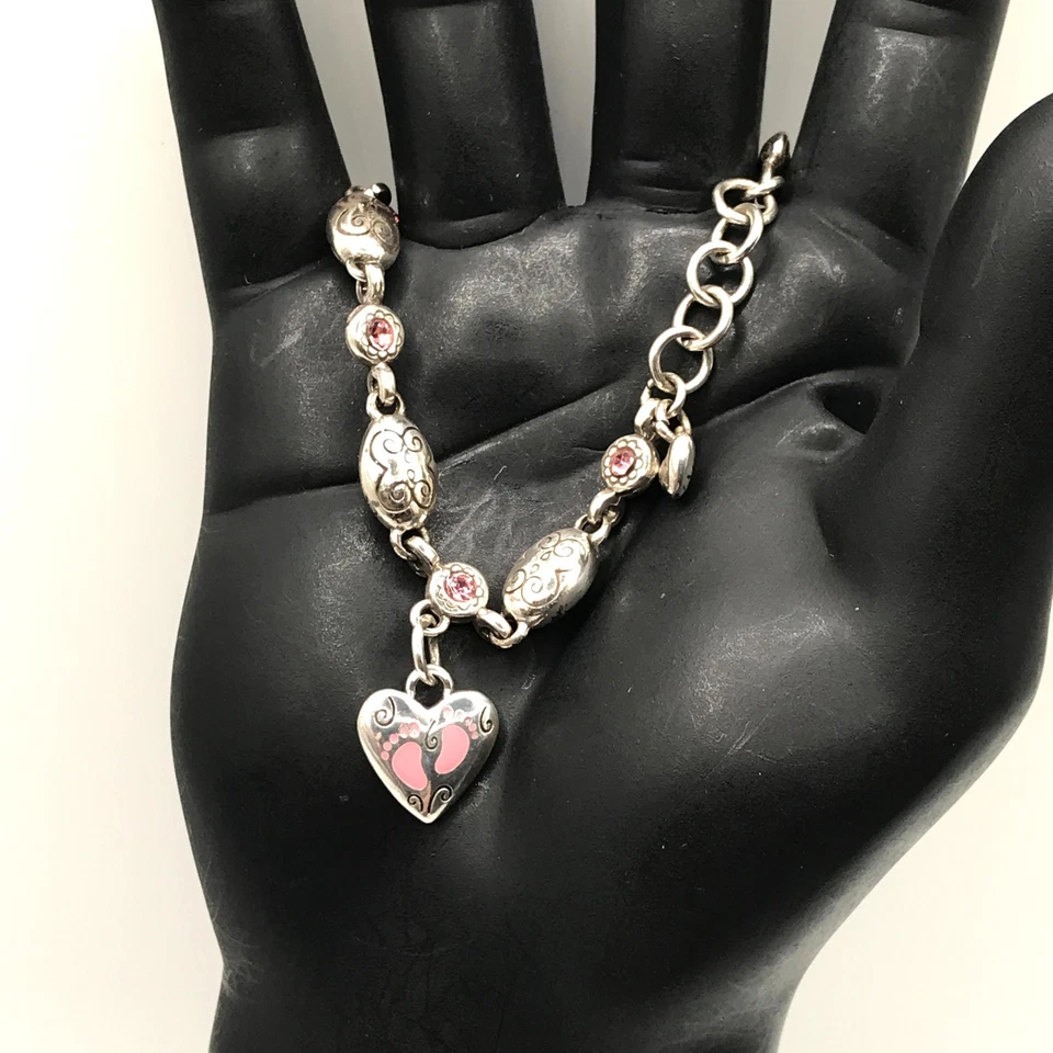 Pulsera Brighton Link Bebé Niña Dije Cristales Rosa Amor Plato Plata 8" Foto 3 de 4