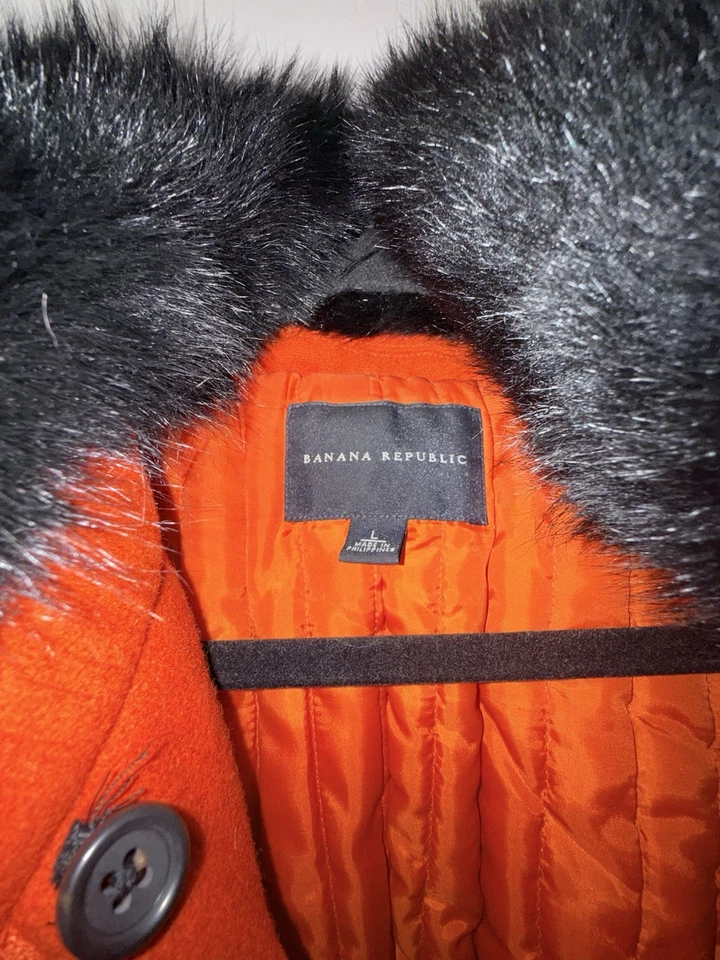 Banana Republic Orange Wool Toggle Coat L Faux Fur Hood Detachable Trim Damage - Изображение 2 из 4