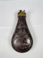 Antique 19th Century Embossed Copper Brass Gun Powder Flask Hunting Dog Birds