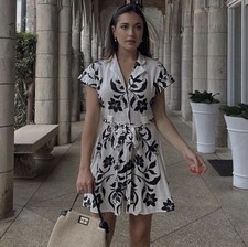 Zara ivory white with black linen blend a line mini dress NWT L