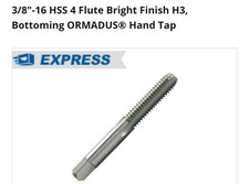 3/8-16 HSS 4 Flute Bright Finish H3 Bottoming Tap. Free Shipping USA