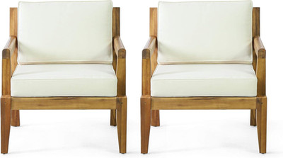 Rossville Teak Finish Outdoor Club Chairs with Beige Cushions