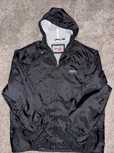 Perry Ellis, Vtg 90s Perry Ellis Large Spell Out Full Zip Hooded Windbreaker Jacket