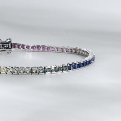 Rainbow Natural Sapphire Princess Cut 18k Plated Tennis Handmade Bracelet 925